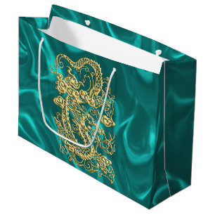 Sacola Para Presentes Grande Dragão Dourado em relevo na Turquesa Satin Impress