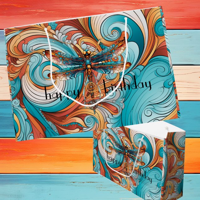 Sacola Para Presentes Grande Dragão-galinha-galinha-galinha-galinha-branca-bran (Bright and bold steampunk dragonfly and swirls customizable large gift bag, )