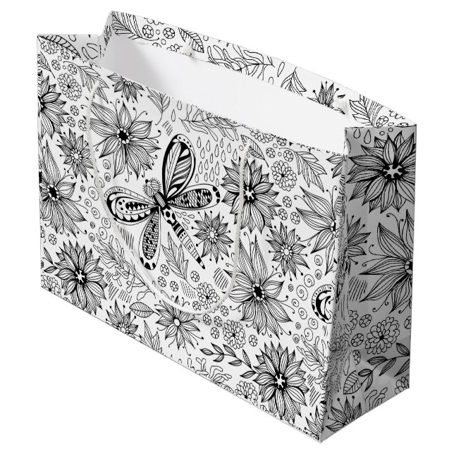 Sacola Para Presentes Grande Dragonfly e flores rabisco (Verso inclinado)
