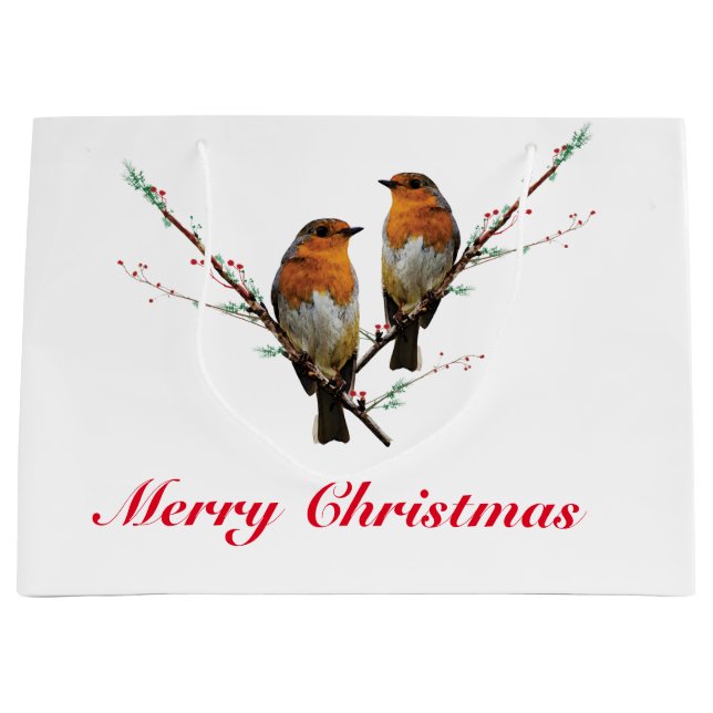 Sacola Para Presentes Grande Duas Robins de Natal (Frente)