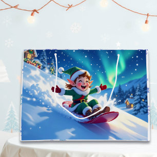 Sacola Para Presentes Grande Duende Alegre de Natal Puxando Trenó