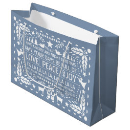 Sacola Para Presentes Grande Dusty blue Love Peace Joy papel picado Natal