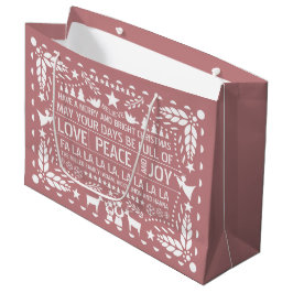 Sacola Para Presentes Grande Dusty rosa Love Peace Joy papel picado Natal