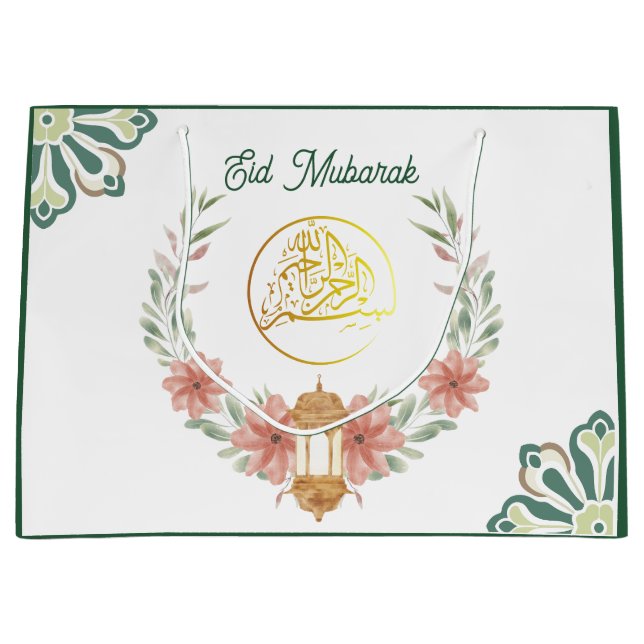 Sacola Para Presentes Grande Eid Mubarak | Flores Ramadãs Saudações Verdes Dour (Frente)