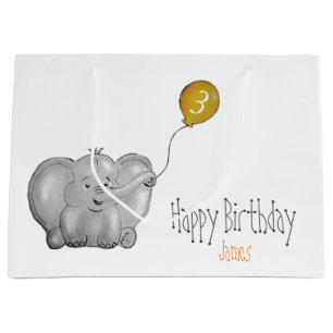 Sacola Para Presentes Grande Elefante aniversário de 3 anos com balão amarelo