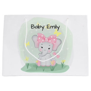 Sacola Para Presentes Grande  Elefante de bebê bonito com arco rosa numa clare