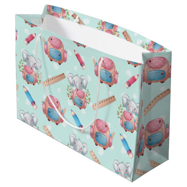 Sacola Para Presentes Grande Elefante de Volta às Aulas Estampado (Verso inclinado)