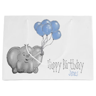 Sacola Para Presentes Grande Elefante do primeiro aniversario com balão azul