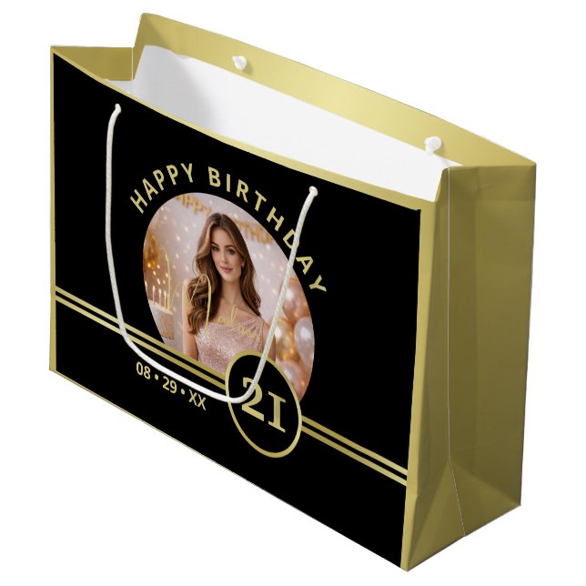 Sacola Para Presentes Grande Elegant Gold Signature Monogram with Photo (Frente inclinada)