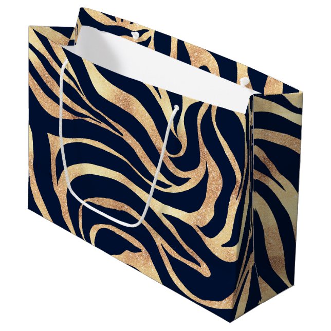 Sacola Para Presentes Grande Elegant Navy Blue Gold Zebra Print (Frente inclinada)