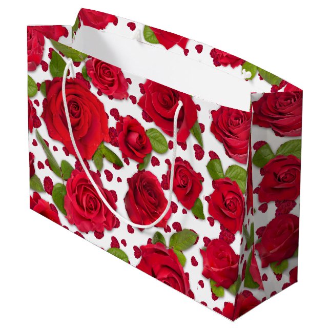 Sacola Para Presentes Grande Elegant Red And Dark Pink Floral Roses Pattern (Verso inclinado)