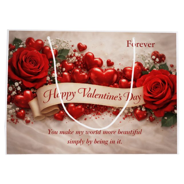 Sacola Para Presentes Grande Elegant Red Roses & Hearts Valentine’s Day (Verso)