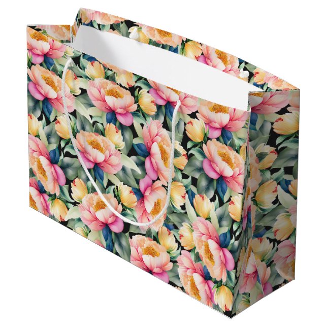 Sacola Para Presentes Grande Elegante Aquarela Peony a Preto (Verso inclinado)