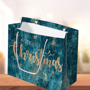Sacola Para Presentes Grande Elegante azul Dourado Efeito Marble Feliz Natal