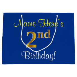 Sacola Para Presentes Grande Elegante, Azul, Faux Dourado segundo aniversário; 