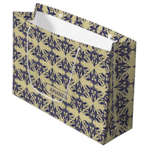 Sacola Para Presentes Grande Elegante Azul Marinho Amarelo Damask Monograma Vin