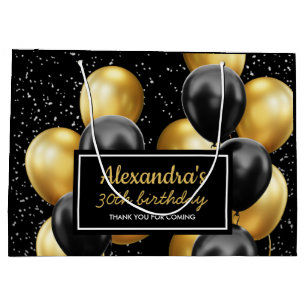 Sacola Para Presentes Grande Elegante Balão Preto Dourado de Aniversário