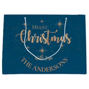 Sacola Para Presentes Grande Elegante Blue Dourado Stars Nome Feliz Natal