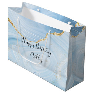 Sacola Para Presentes Grande Elegante Blue e Dourado Agate Design