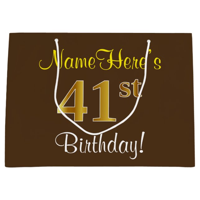 Sacola Para Presentes Grande Elegante, Brown, Faux Dourado 41rua Aniversário +  (Frente)