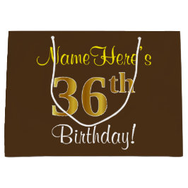 Sacola Para Presentes Grande Elegante, Castanho, Faux Dourado 36º Aniversário +