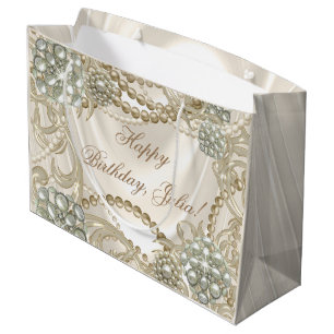 Sacola Para Presentes Grande Elegante Cetim Pérola Marfim