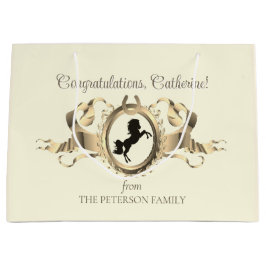 Sacola Para Presentes Grande Elegante Chic Dourado Equestrian Ribbon Crest Nome