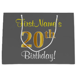 Sacola Para Presentes Grande Elegante, Cinza, Faux Dourada 20 Aniversário + Nom