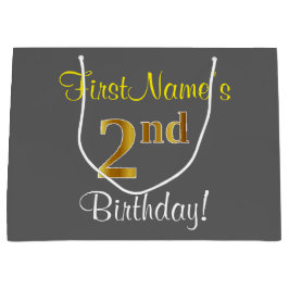 Sacola Para Presentes Grande Elegante, Cinza, segundo aniversário Dourado Faux;