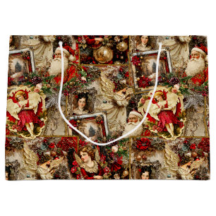 Sacola Para Presentes Grande Elegante Colagem de Natal Vitoriana em Marfim e Ve