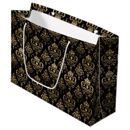 Sacola Para Presentes Grande Elegante Corações Pretos e Dourados Damask do Dia 