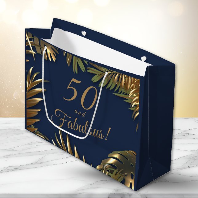 Sacola Para Presentes Grande Elegante Dourado Azul 50 Fabuloso Aniversário (Criador carregado)