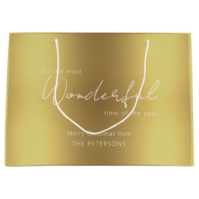 Sacola Para Presentes Grande Elegante Dourado Feliz Natal com Nome (Frente)