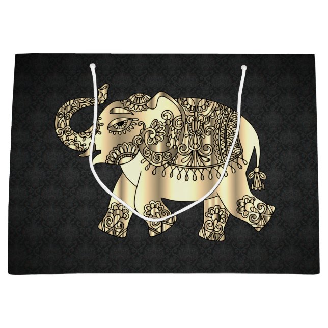Sacola Para Presentes Grande Elegante Dourado Paisley Floral Elephant, Black Da (Frente)