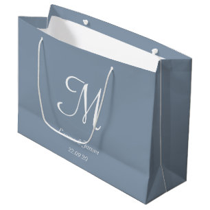 Sacola Para Presentes Grande Elegante Dusty Blue & White Monographic Name