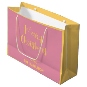 Sacola Para Presentes Grande Elegante Feliz Natal Rosa e Suave Dourado