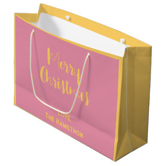 Sacola Para Presentes Grande Elegante Feliz Natal Rosa e Suave Dourado