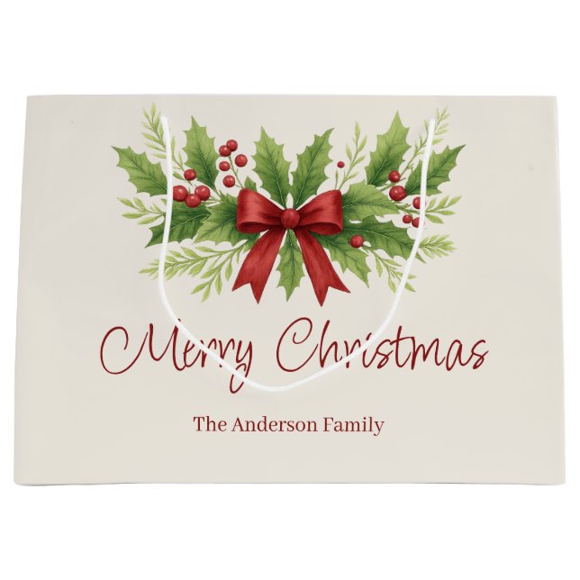 Sacola Para Presentes Grande Elegante Holly e Arco Vermelho Natal - (Frente)