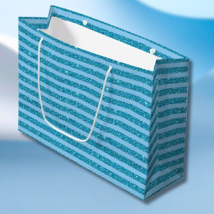 Sacola Para Presentes Grande Elegante Listras Horizontais Azul Oceano com Brilh