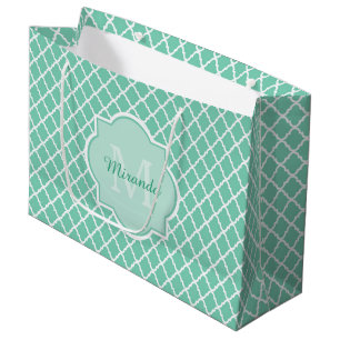 Sacola Para Presentes Grande Elegante Mint Green Quatrefoil Monograma Com Nome