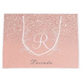 Sacola Para Presentes Grande Elegante Monograma Brilhante em Dourado Rosa