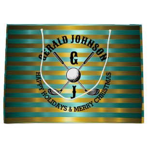 Sacola Para Presentes Grande Elegante Monograma de Golfe em Verde-Dourado Metál