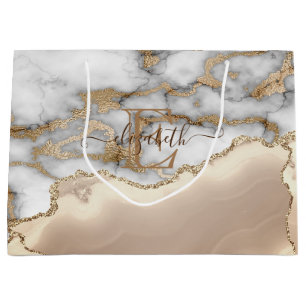 Sacola Para Presentes Grande Elegante Monograma de Mármore Creme com Brilho Dou
