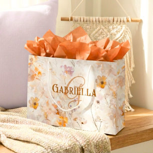 Sacola Para Presentes Grande Elegante Monograma Floral Aquarela Personalizado