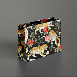 Sacola Para Presentes Grande Elegante padrão de Chinoiserie Preto com Tigre e P
