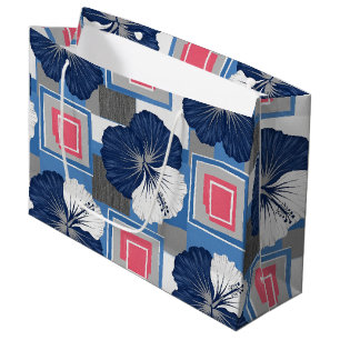 Sacola Para Presentes Grande Elegante padrão floral de hibisco azul (3)