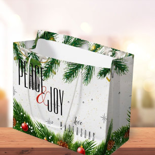 Sacola Para Presentes Grande Elegante Peace & Joy Red Berries Name Christmas