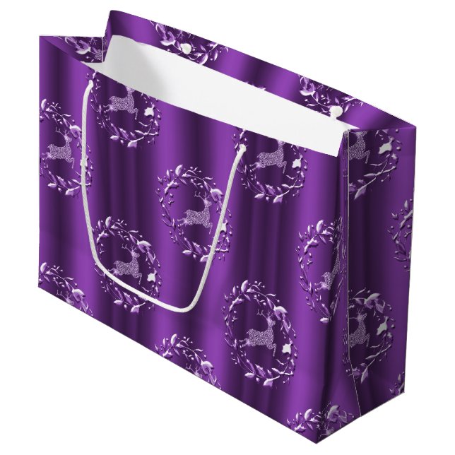 Sacola Para Presentes Grande Elegante Prata Reindeer Purple Natal (Frente inclinada)