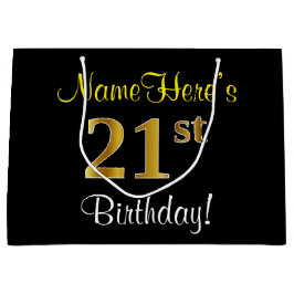 Sacola Para Presentes Grande Elegante, Preto, Faux Dourada aniversário de 21 an