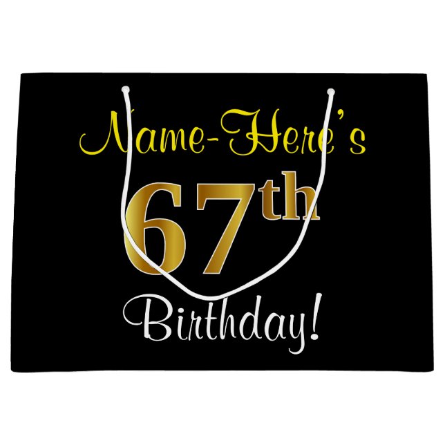 Sacola Para Presentes Grande Elegante, Preto, Faux Dourado 67º Aniversário + No (Frente)